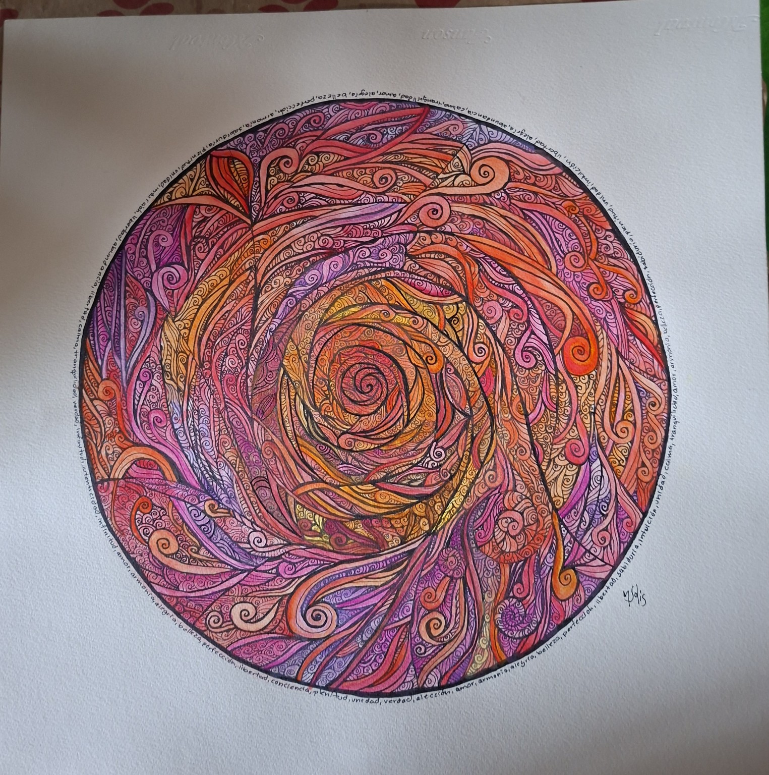 Obra original en espiral con tonos coral, rosa, naranja y violeta