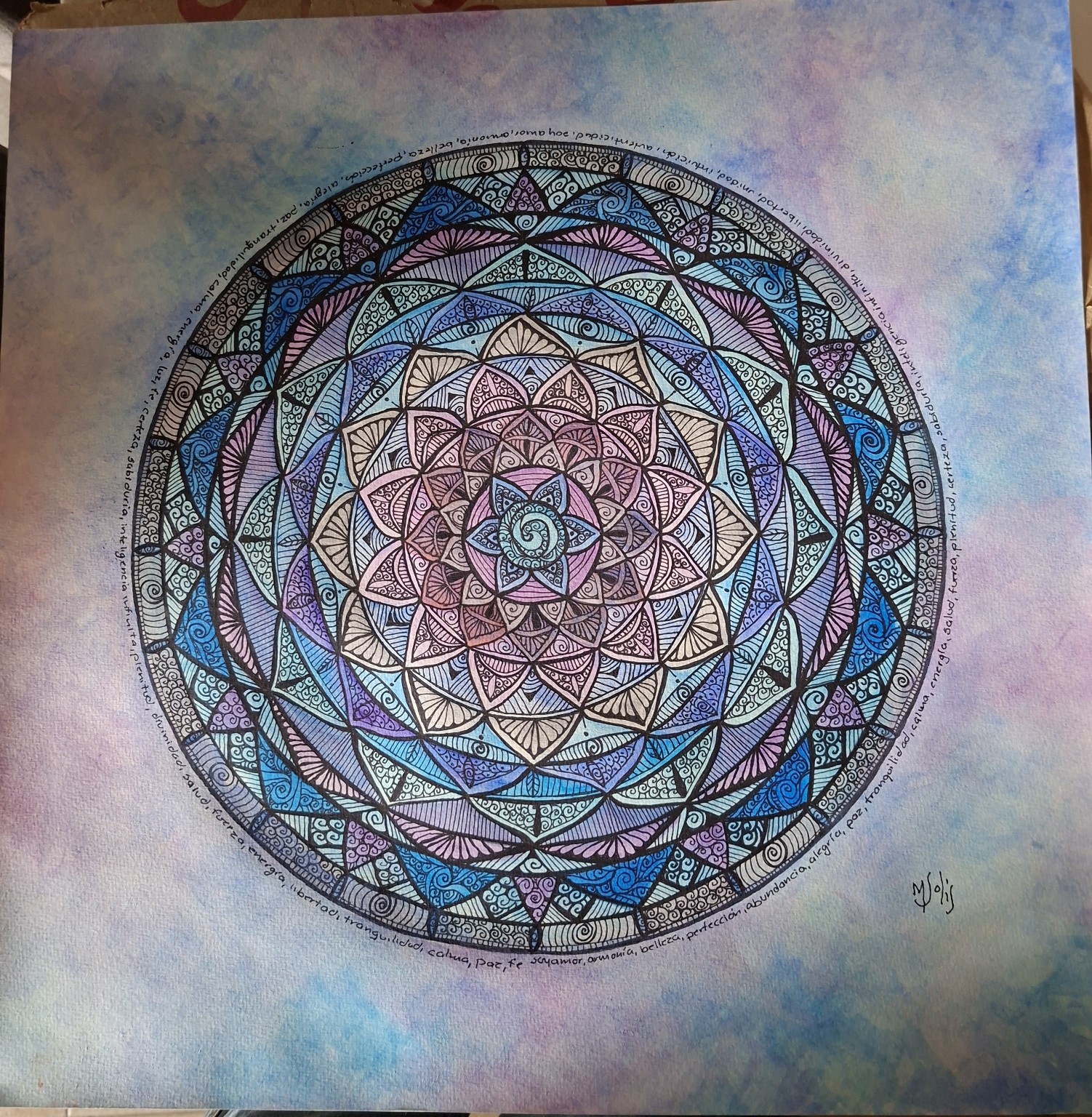 Obra original geométrica en tonos azul, lila y rosa