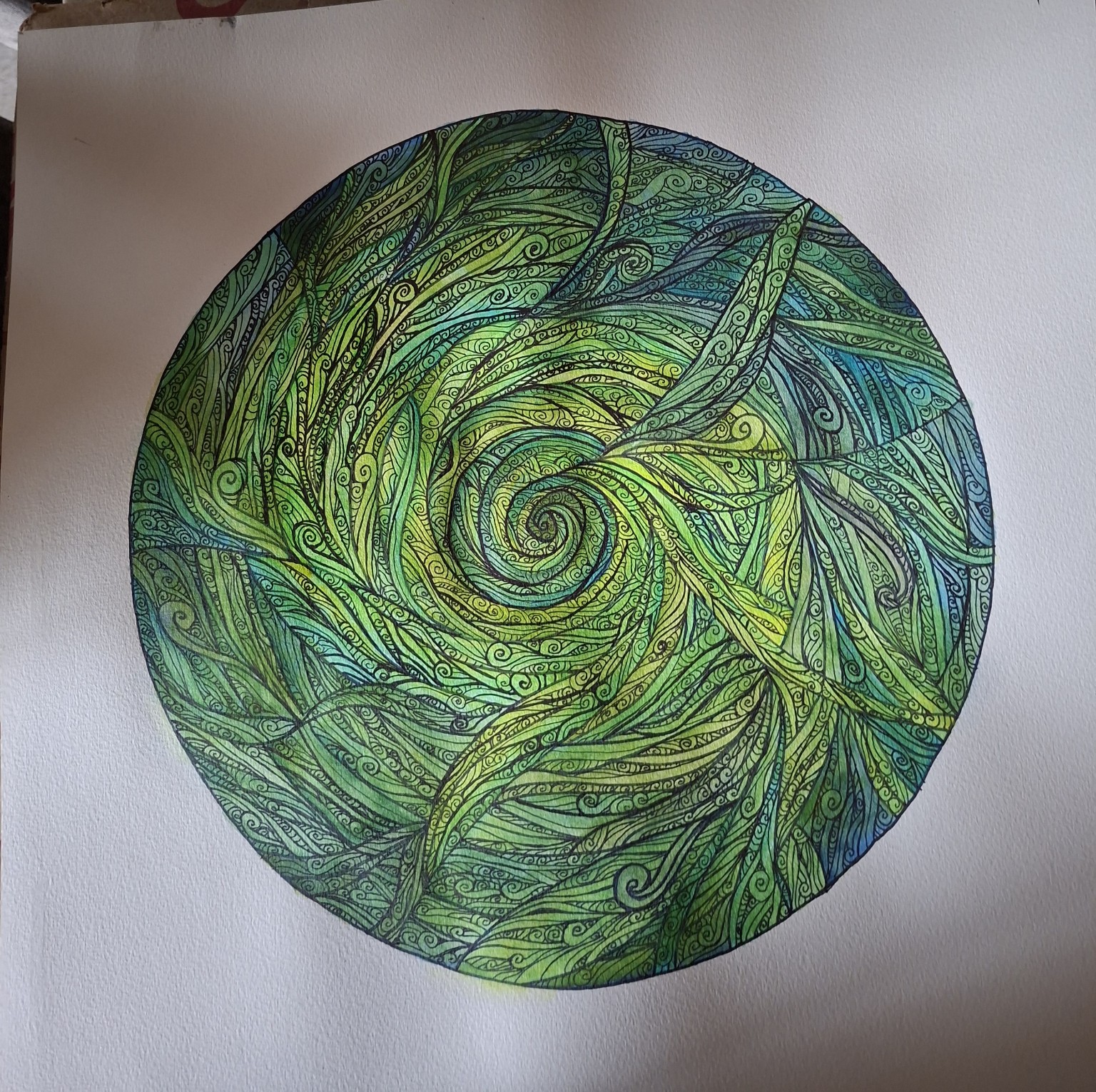 Obra original en espiral con tonalidades verdes y turquesa