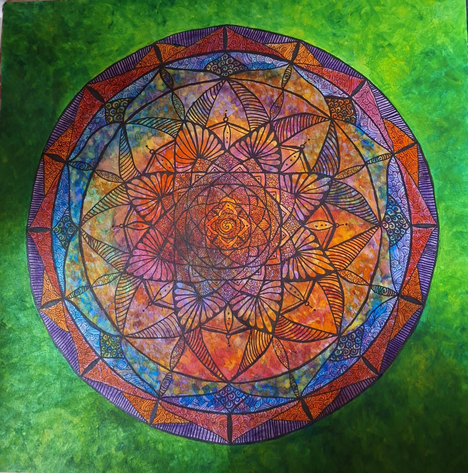 Obra original geométrica sobre fondo verde intenso