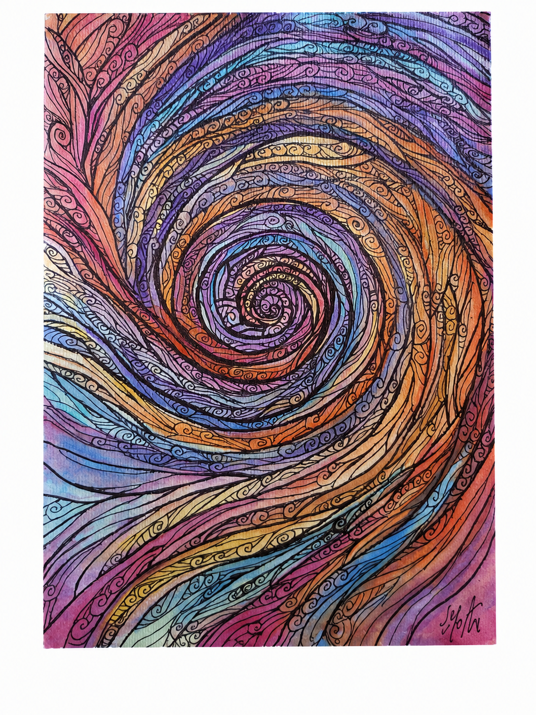 Obra original en espiral con líneas detalladas y paleta multicolor