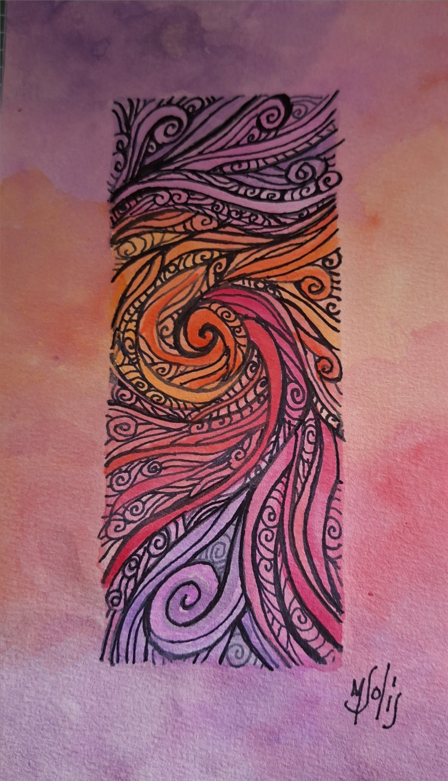 Obra original en espiral con tonos rosa, violeta y naranja