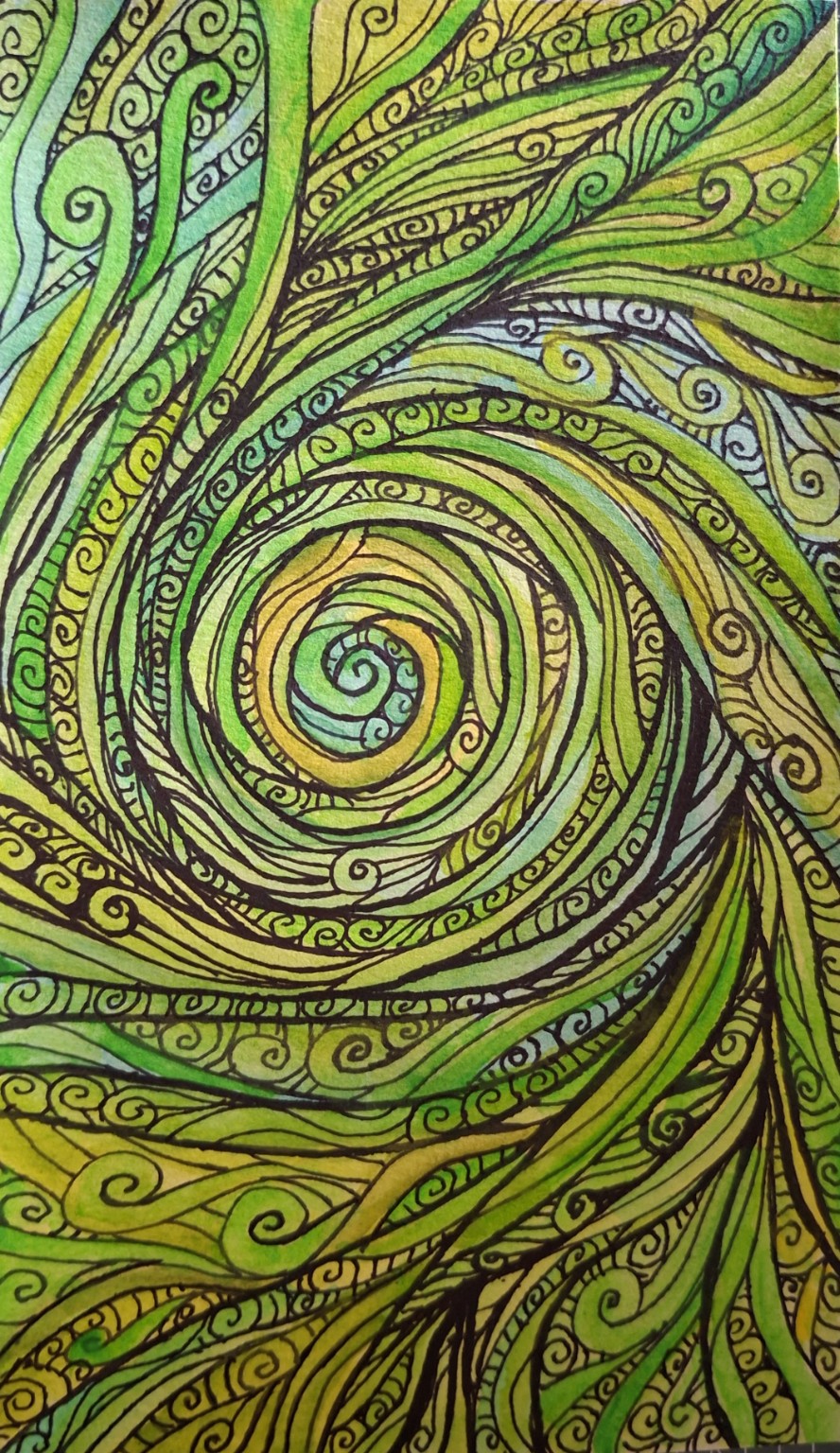 Obra original en espiral con tonos verdes y amarillo