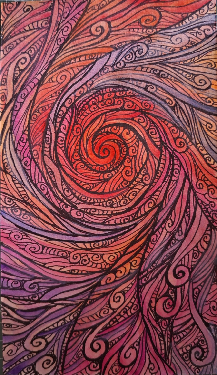 Obra original en espiral con tonos coral, rojo y violeta