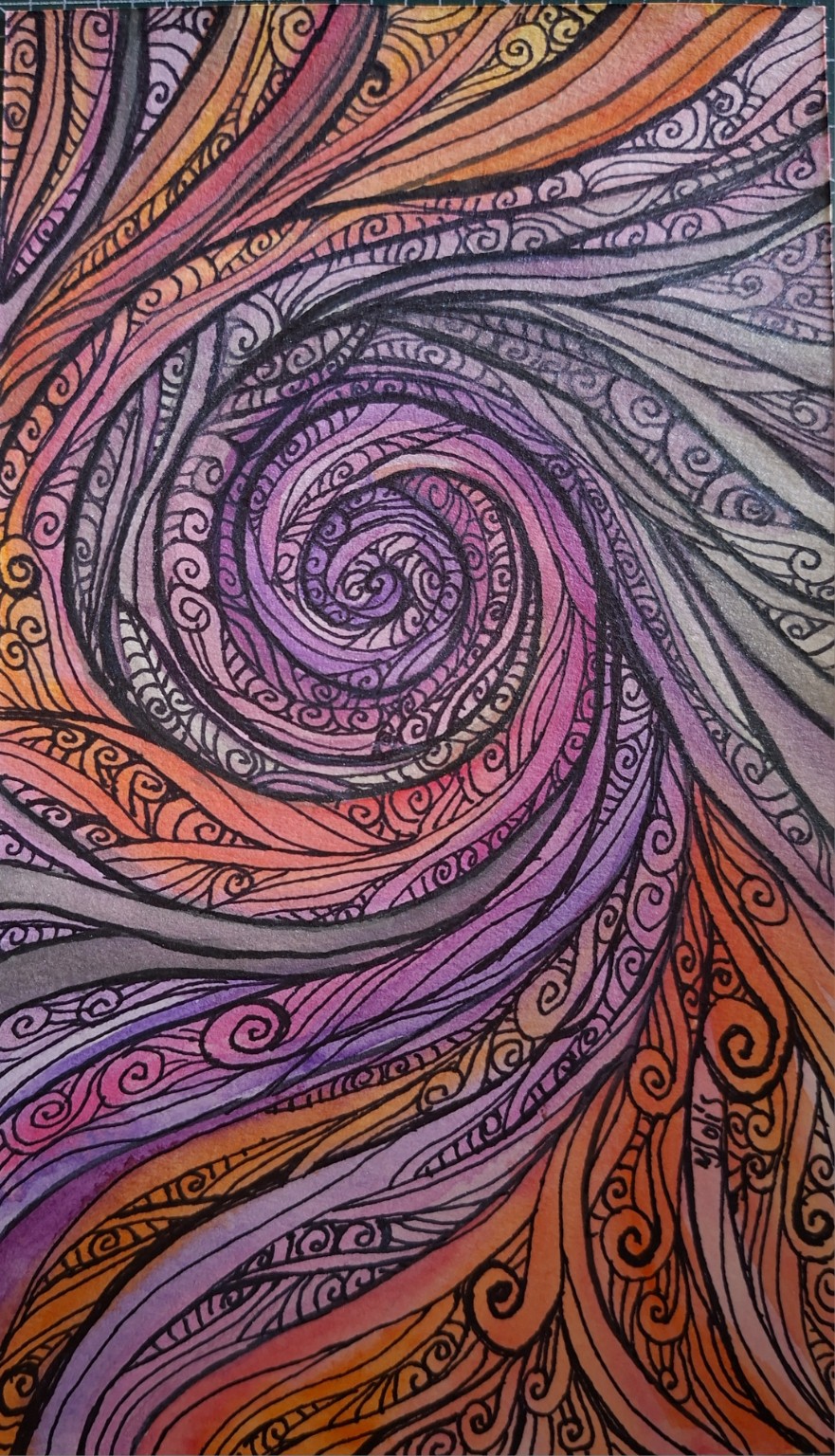 Obra original en espiral con tonos violeta, gris y naranja