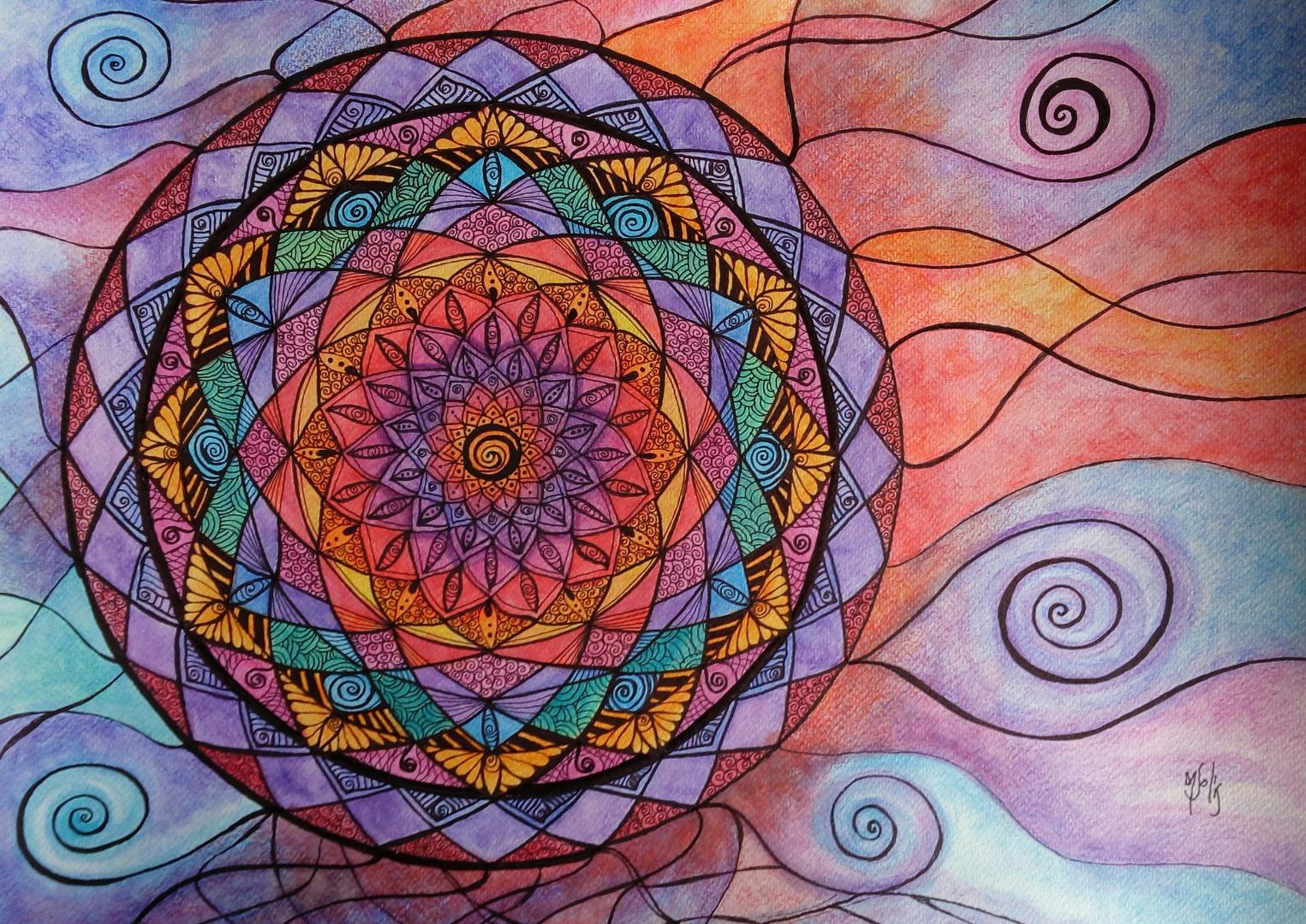 Obra original con mandala en tonos coral, violeta, turquesa y amarillo