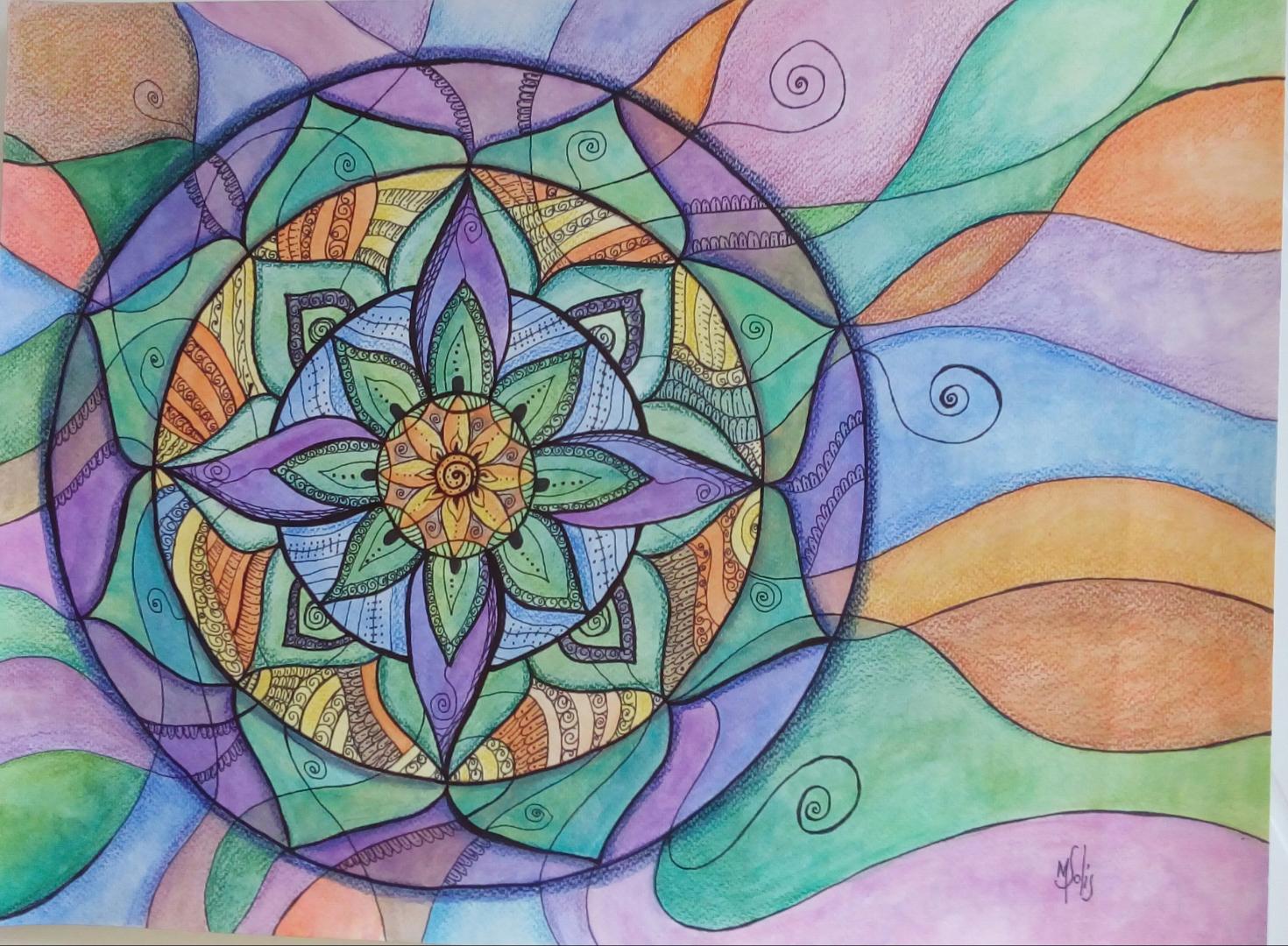 Obra original con mandala en tonos verde, turquesa y lavanda