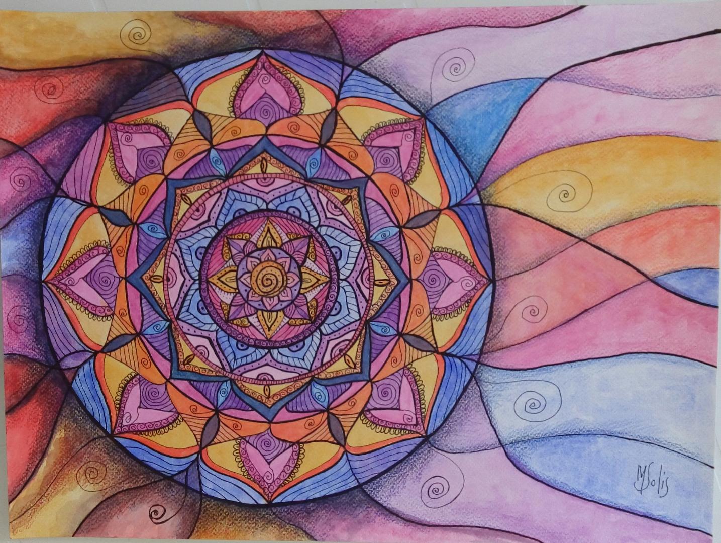 Obra original con mandala en tonos rosa, violeta, azul y amarillo