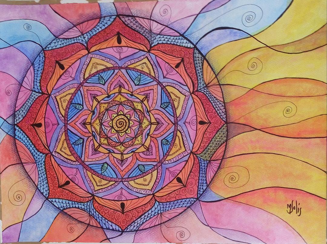 Obra original con mandala en tonos amarillo, coral, rosa y violeta