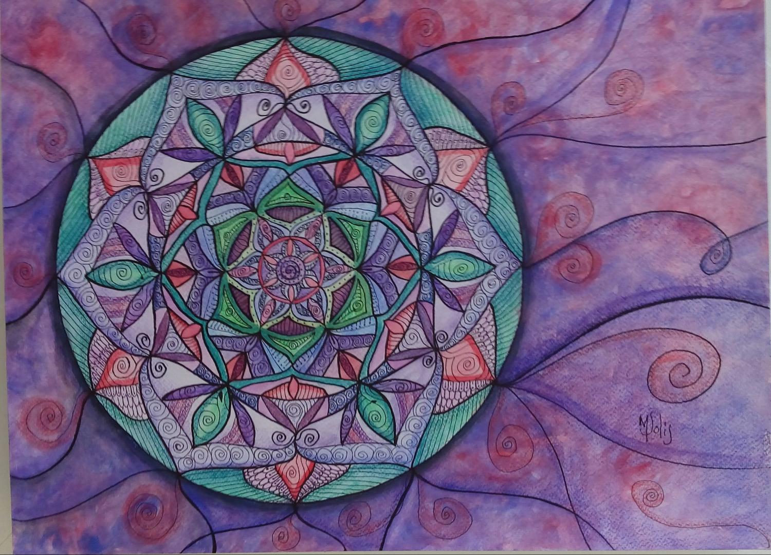 Obra original con mandala en tonos violeta, verde, turquesa y rosa