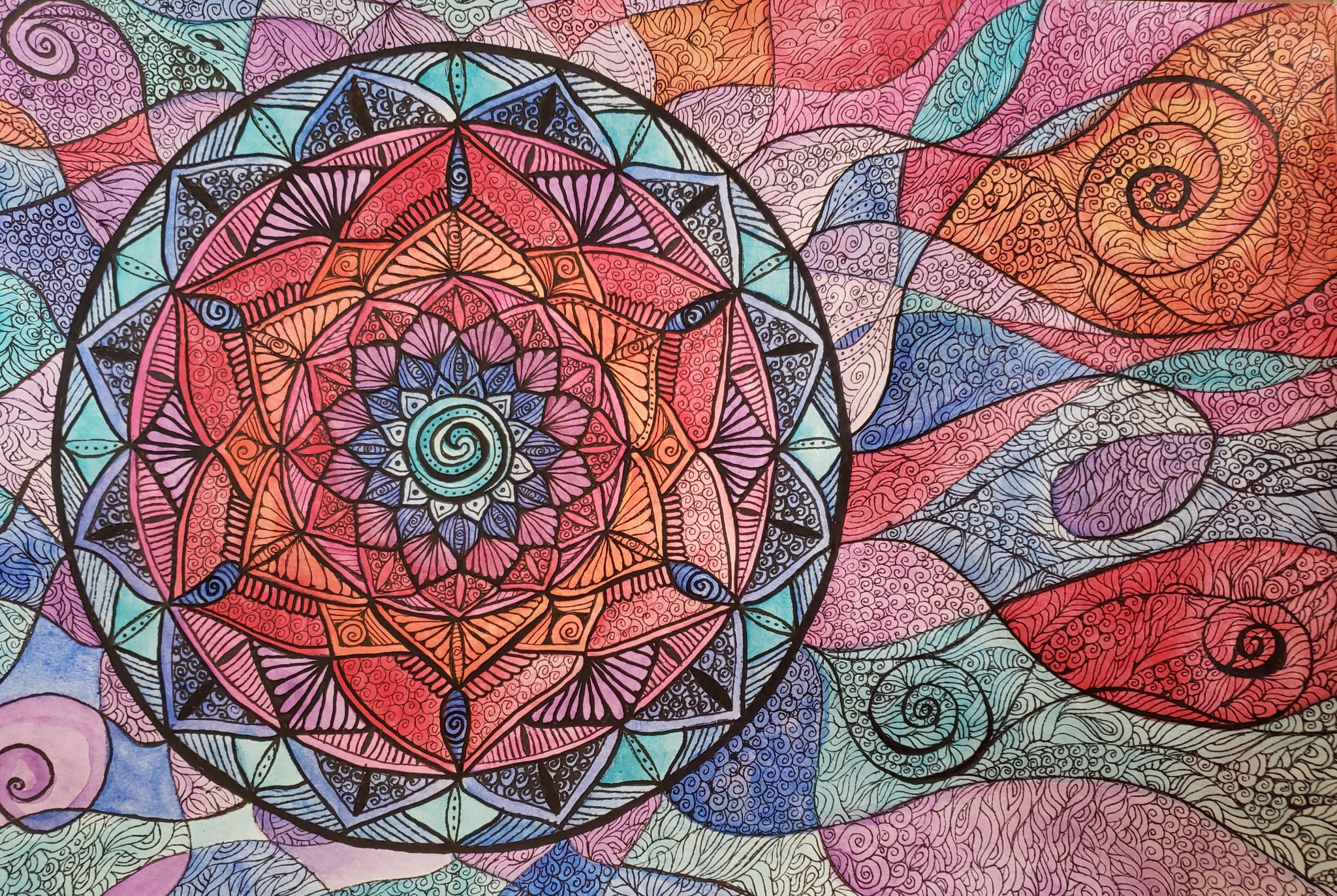 Obra original con mandala central en tonos coral, rosa, turquesa y azul