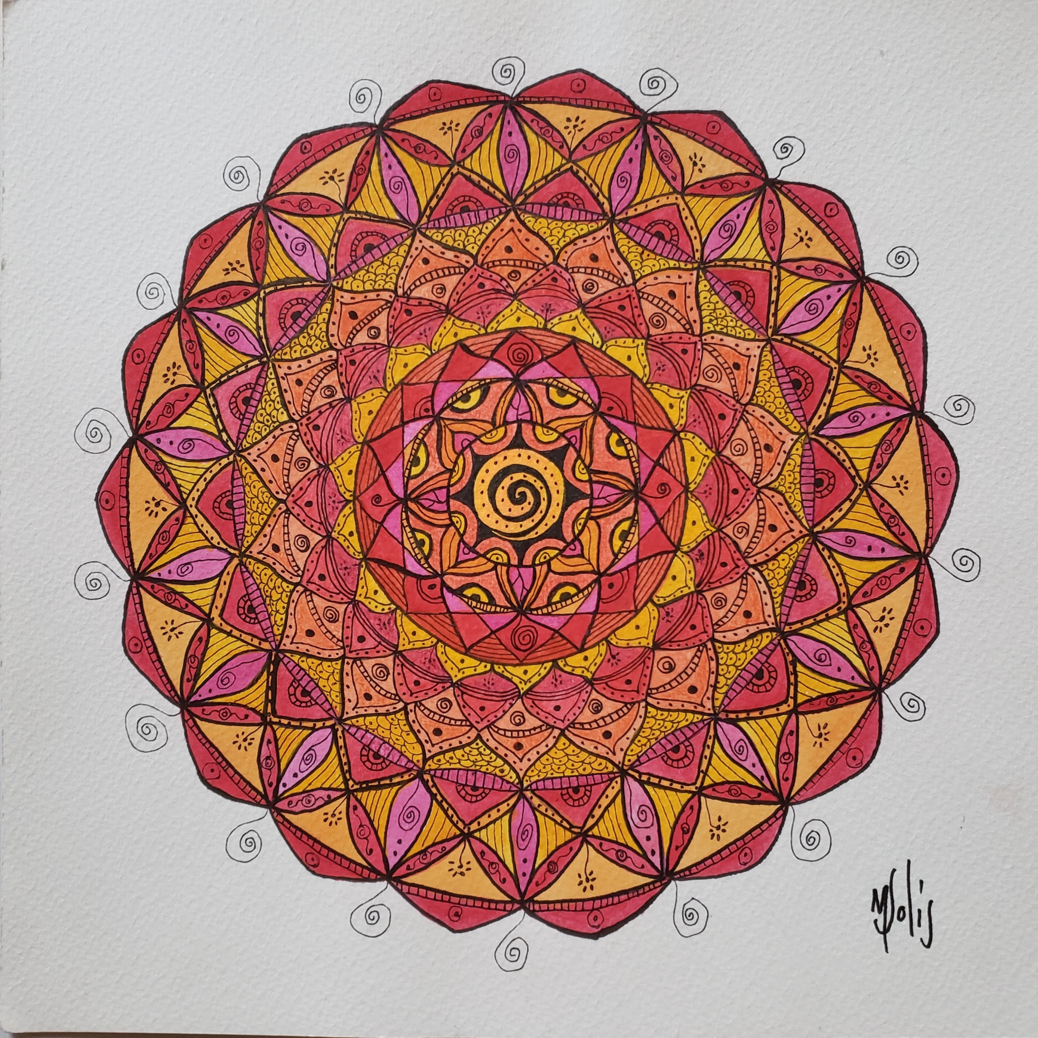 Obra original geométrica en espiral con tonos rosa, coral y amarillo