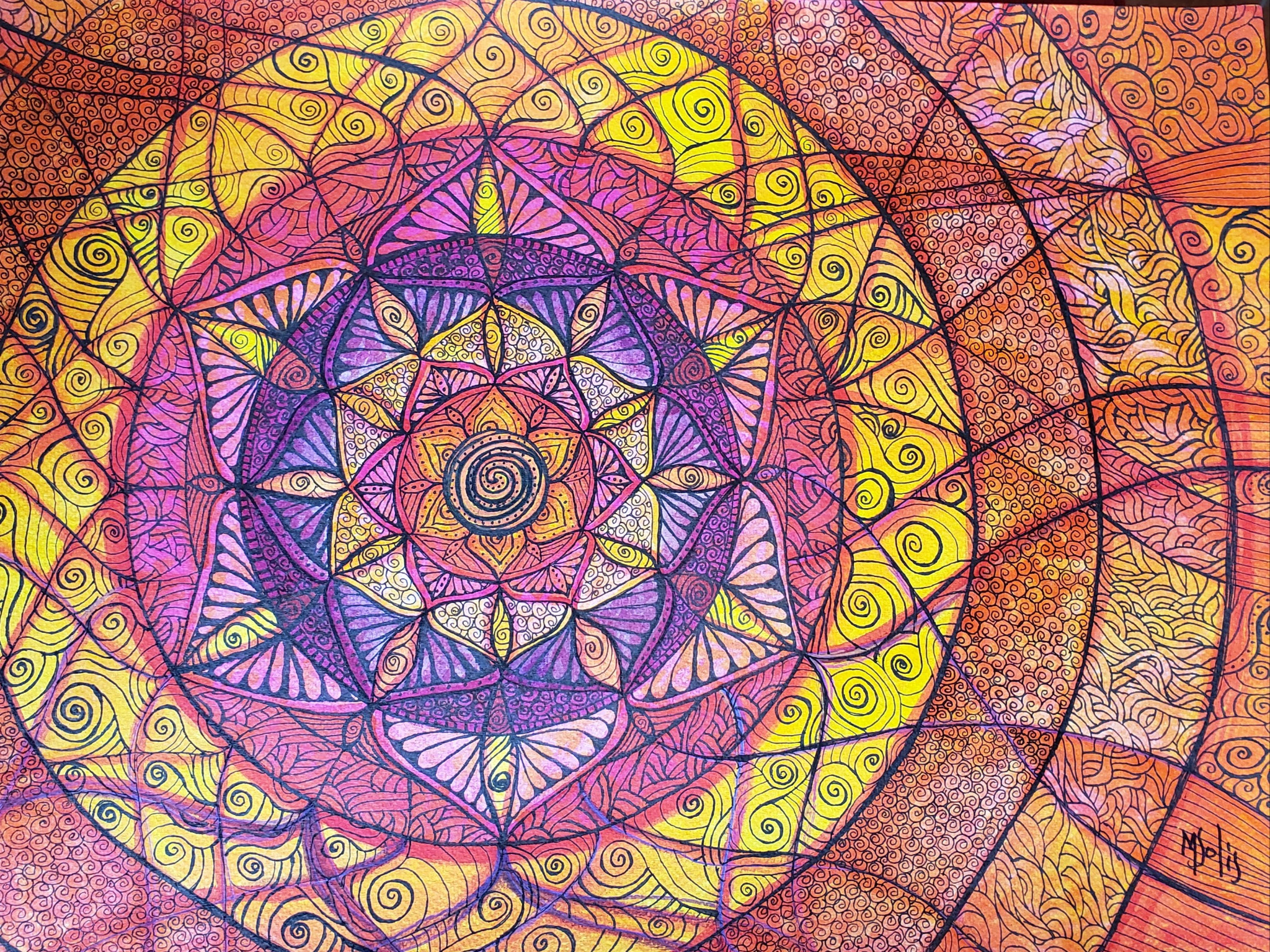 Obra original geométrica en espiral con tonos amarillo, rosa, violeta y naranja