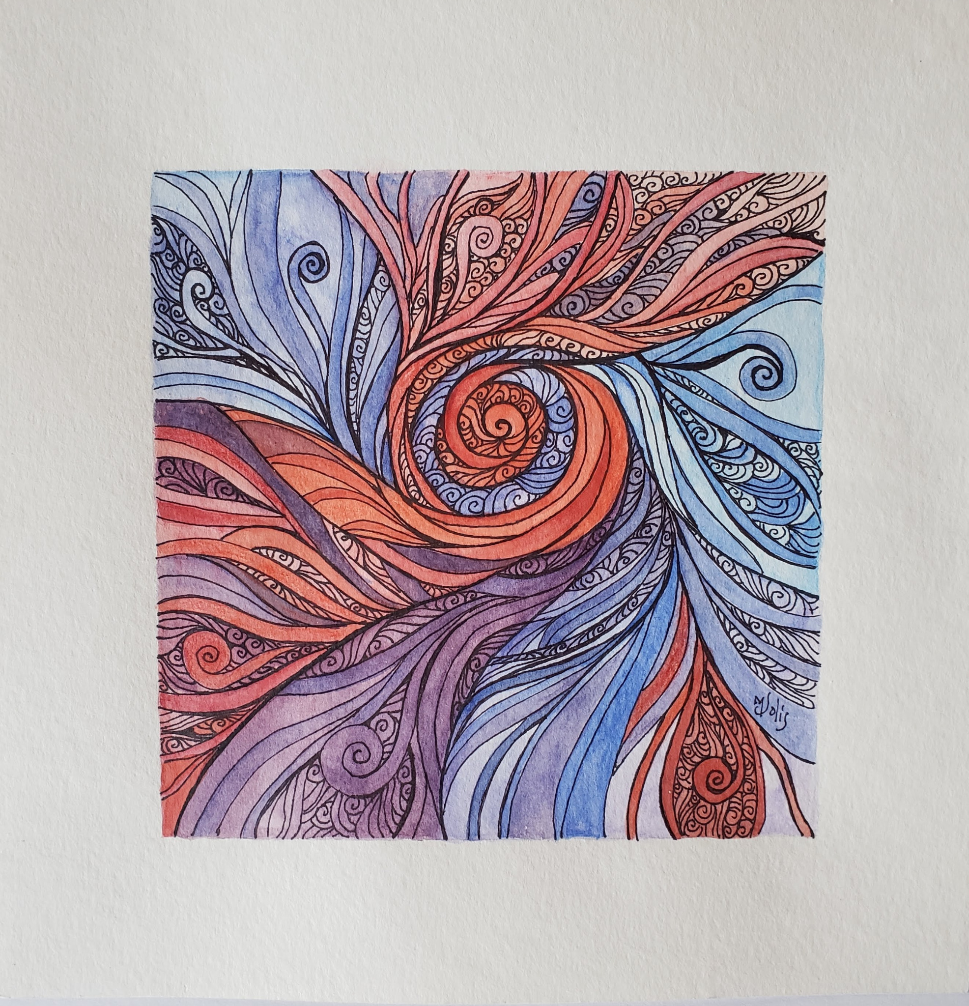 Obra original en espiral con tonos coral, azul y violeta