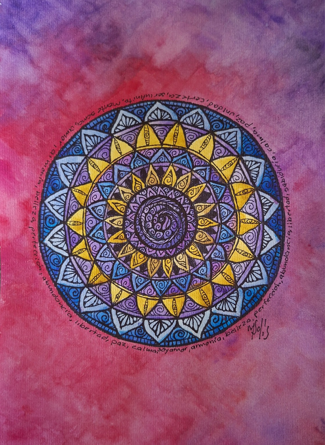 Obra original con mandala geométrico en tonos rosa, violeta, azul y amarillo